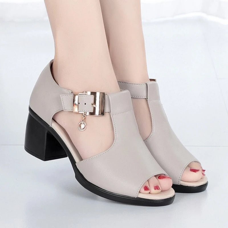 Summer Women Sandals Peep Toe Mom Shoes Thick Heels Female High Heels Metal Buckle Non Slip Women Shoes Trend Sandalias De Mujer