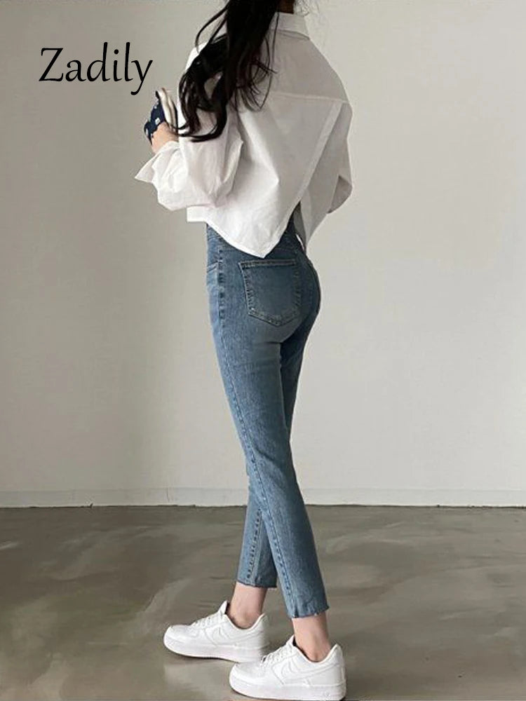 Zadily White Casual Long Sleeve Crop Top Blouse Korea Style Women Spring 2023