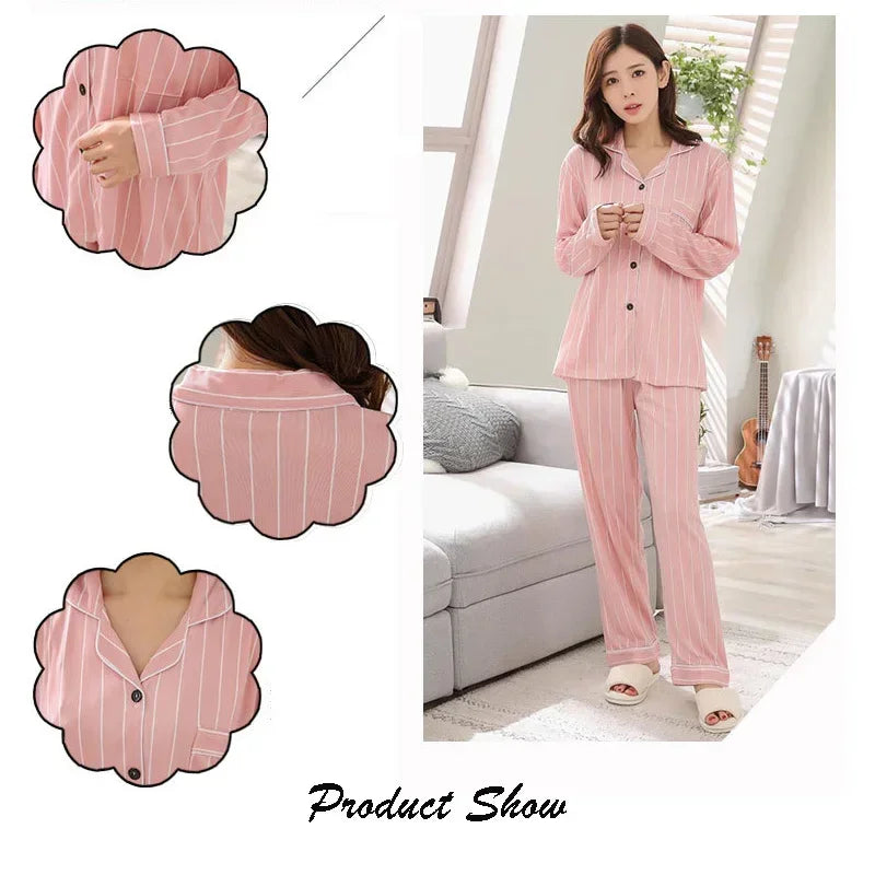 Four Seasons Women Pajamas Set with Lapel Top and Long Pants Checkered Striped Printed 2 Piece Set Ladies Nightwear Homewear
