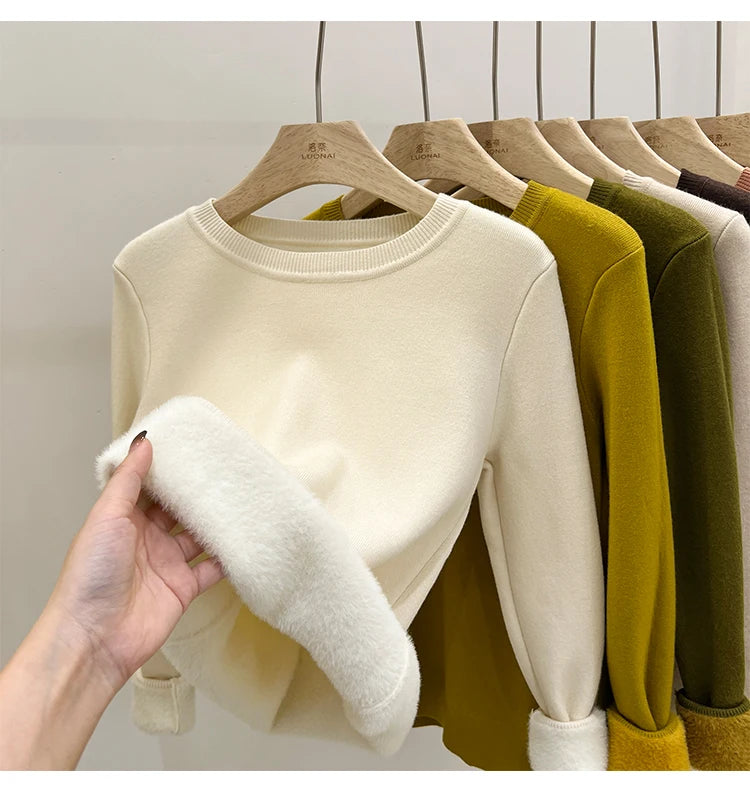 Women's O-neck Velvet Thicken Sweaters Winter Slim Warm Long Sleeve Knitted Tops Casual Plush Fleece Lined Soft Pullovers Ladies