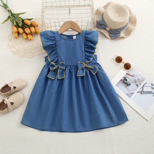 Kids Dresses for Girls Summer Casual Denim Bow Decoration Flying Sleeve Sleeveless Dress  Children's Clothes Girl Clothes
