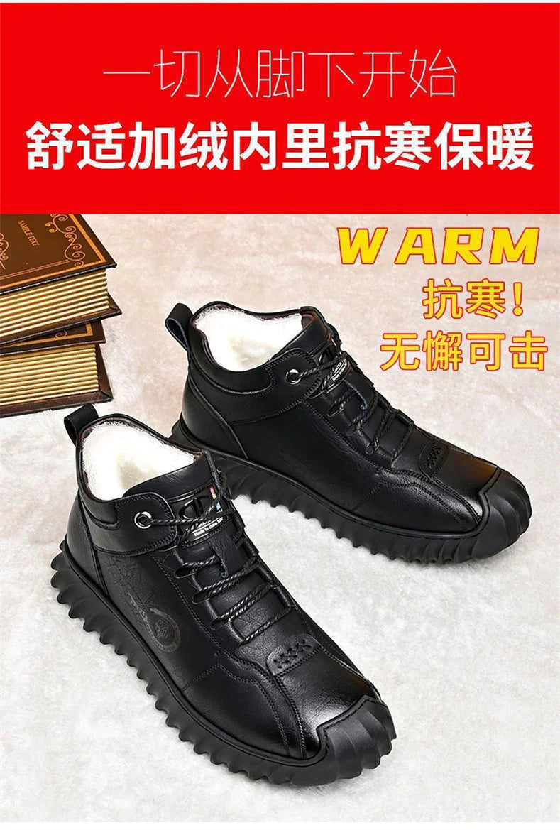 CINESSD New Warm Winter Velvet Men's Snow Boots Non-slip Men's Leather Boots Thick Bottom Dad Shoes