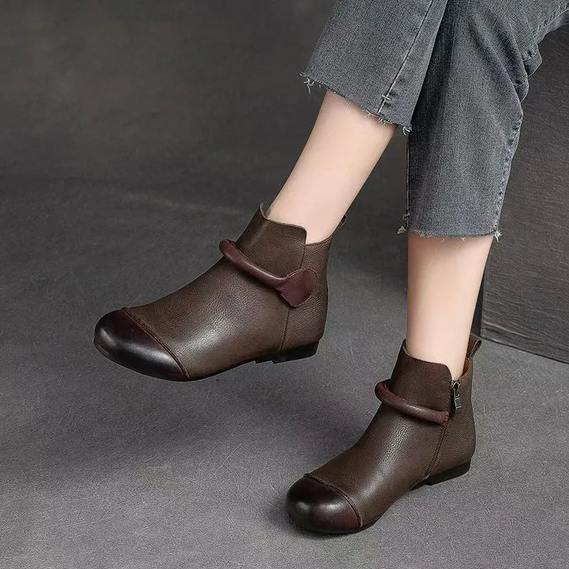 Retro Women Short Ankle Boots 2024 Autumn Winter Faux Cow Leather Slip-on Shoes Handmade Round Toe Light Weight Flat Booties