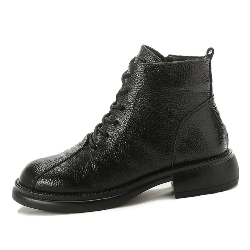 Xiuteng Autumn New Cowhide Mid-Heel Soft-Soled Women's Short Boots Retro Casual Leather  Boots Warm Women's Cotton Shoes