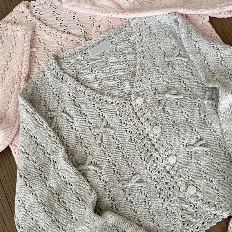 Sweet Knitted Cardigans Women Hand Crochet Bows Decoration Heart Hollow Out Sweaters for Kawaii Girls
