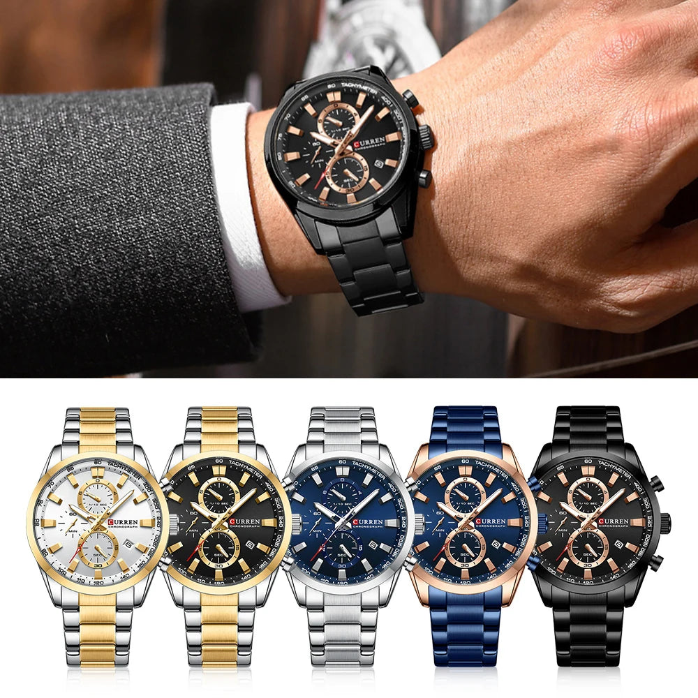 CURREN  New Sports Multifunction Stainless Steel Band Watches Fashion Brand Quartz Men's Wristwatches with Date