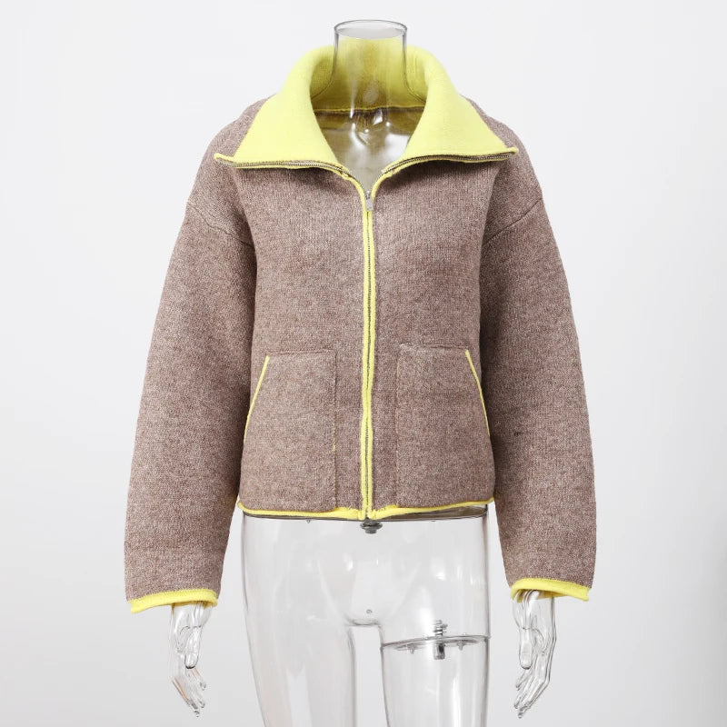 Fashion Contrasting Knitted Cardigan for Women Elegant Long Sleeve Pockets Zipper Sweater 2026 Spring Street Lady Chic Outwear