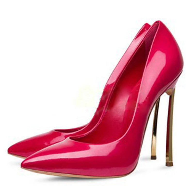 Spring and Autumn New Pointed Shallow Leather Single Shoes Metal Fine High Heel Banquet Dress Customized Large Size Women's Shoe