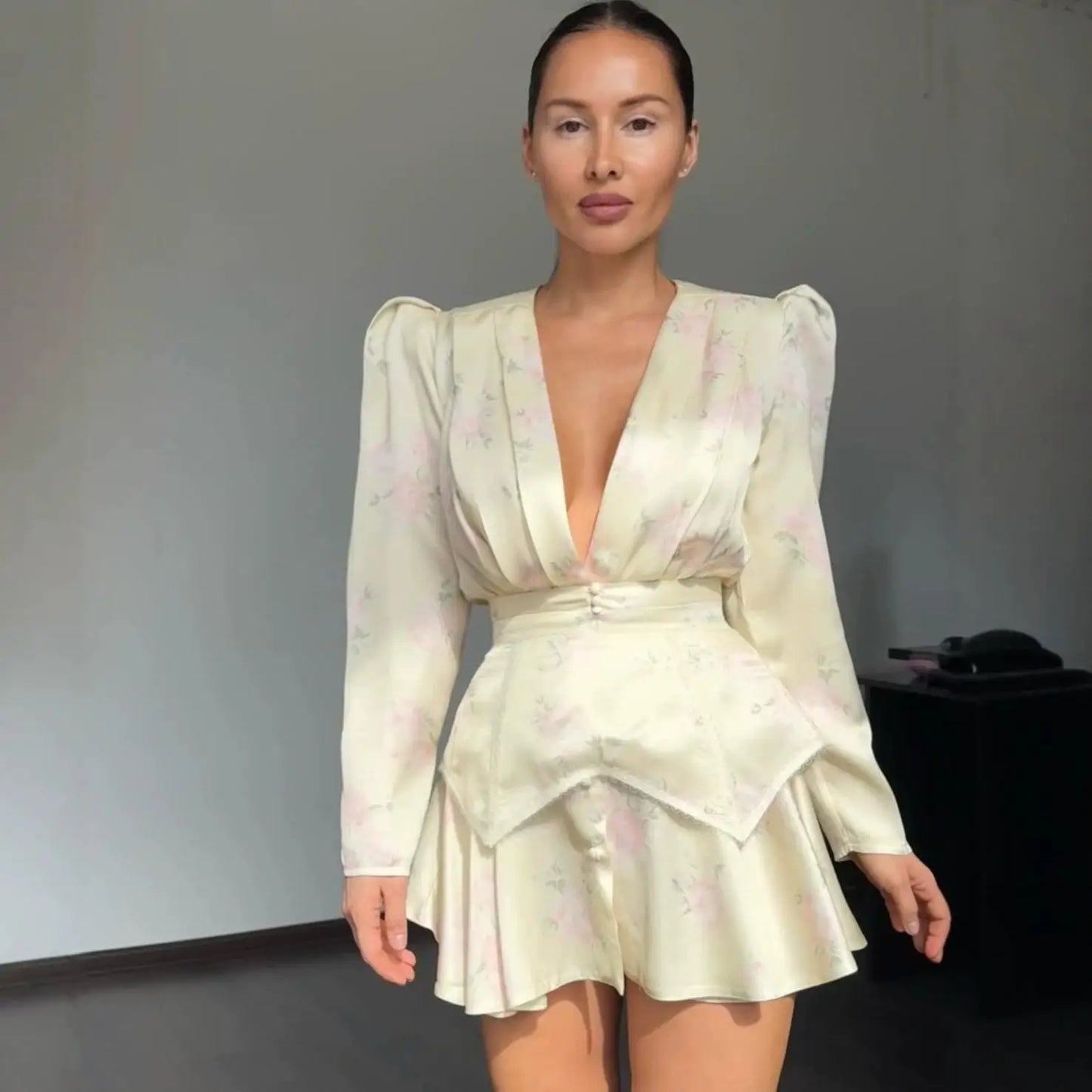 Casual Printed Mini Dress Women Full Sleeve Button V-neck Lady Short Dresses Waist Tape 2026 Spring Summer Female Robe Beach