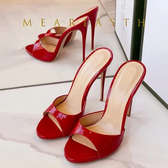 Red Patent Leather Stiletto Slippers Open Toe Solid Sexy High Heels Summer 2025 New Nightclub Outside Plus Size 45 Luxury Shoes