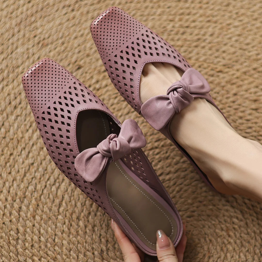 2025 Summer new plus size 34-41 women's hollow-out cow leather slip-on flats summer slides sandals sweet bowtie elegant mules