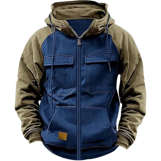 Model Retro Workwear Hooded Sweatshirt, Men's Zipper solid-color Warm Sports Shirt With Multiple Pockets Hooded Jacket