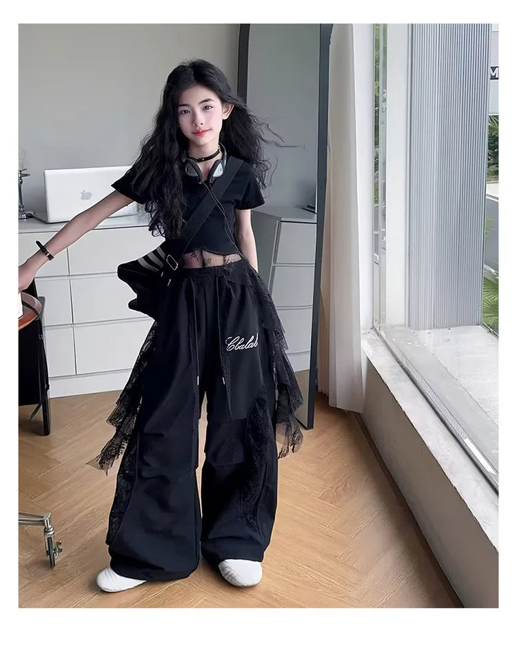 4-14 girls Hip Hop Jazz Street Dance clothes Set Child Summer Clothing Lace patchwork T-shirt+work pants 2pcs kids outfits suit