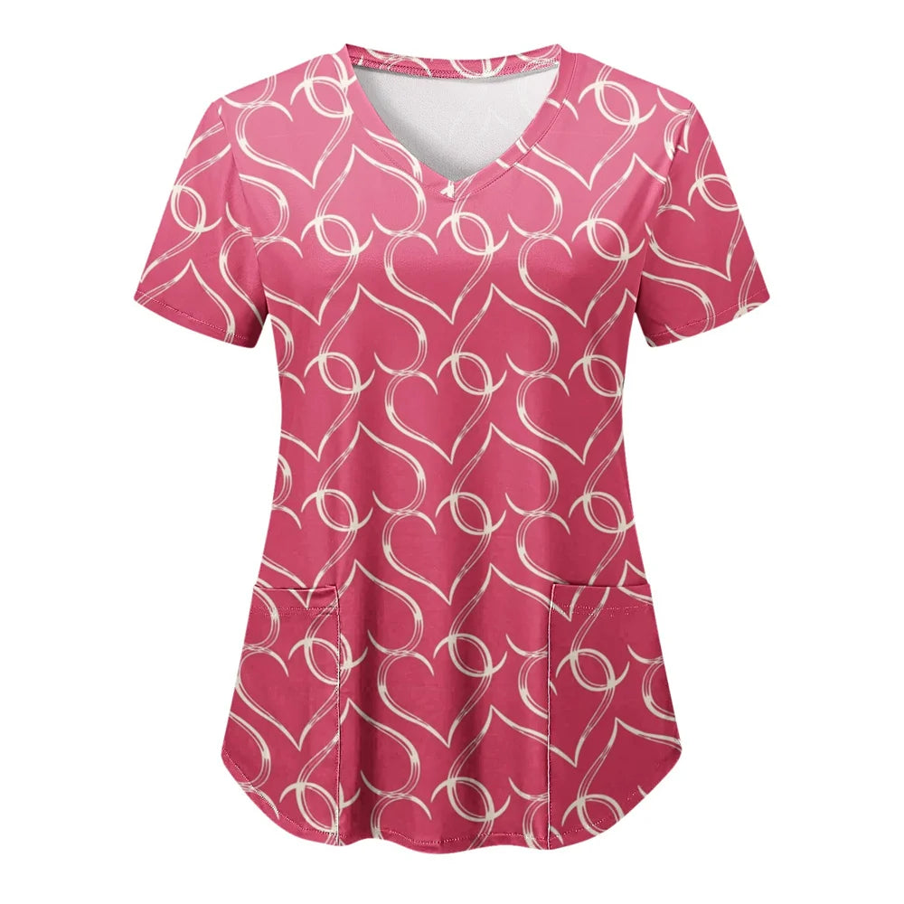 Tops Women Scrub Nurse Print Short Sleeve Cartoon V-Neck Tops Working T-Shirts Heart Print Healthcare Tunic Carers Workwear Tops