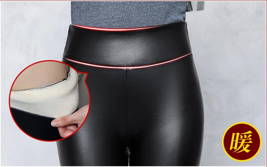 Winter Pu Leather Fleece Lined Leggings Pant Women High Waist Thicken Warm Lamb Fluff Slim Pencil Leggins Black Pantalones