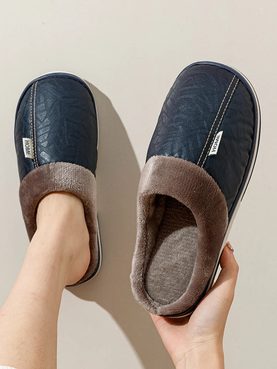 Big Size Men's slippers Winter Indoor Waterproof PU Leather Large Sizes Home Cotton shoes Fur Flat Cotton Bedroom Houseshoes