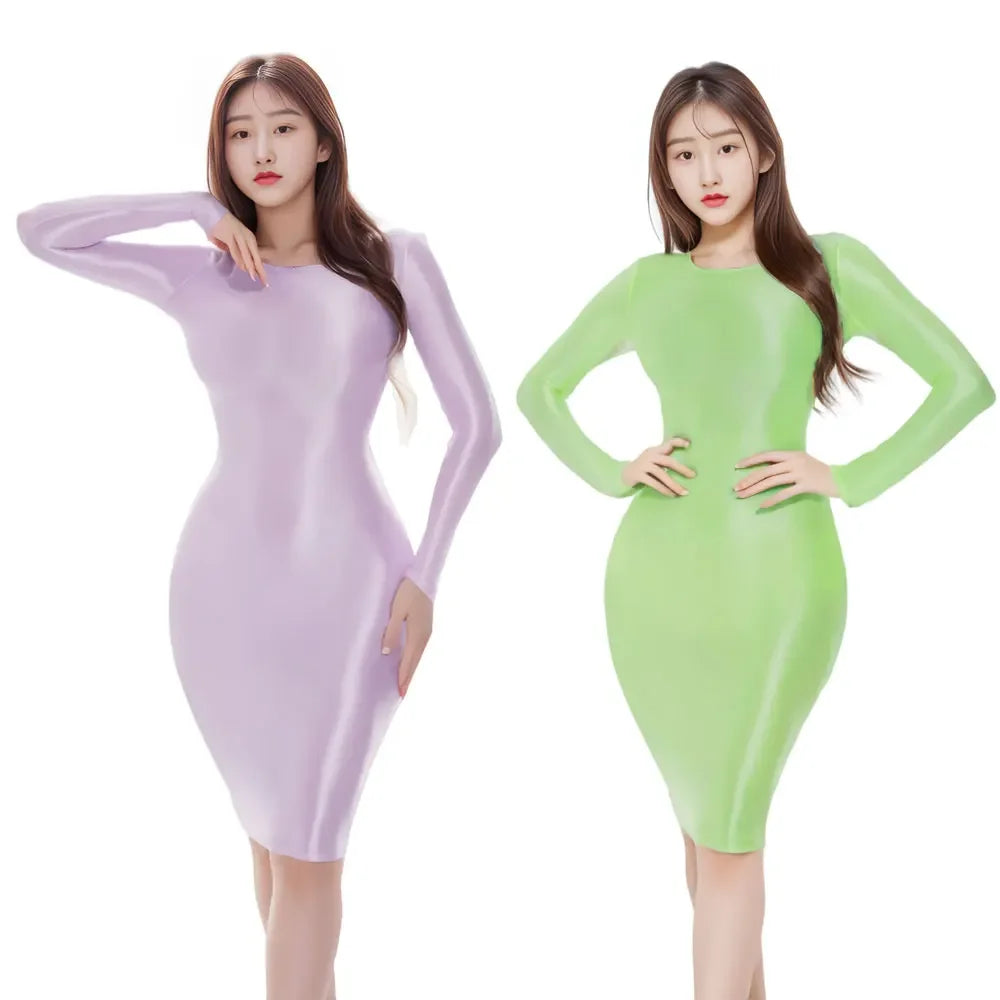 Sexy Satin Shiny Pencil Dresses Package Hip One Step Dresses Women's Elegant Party Bodycon Elastic Miniskirts New In Now