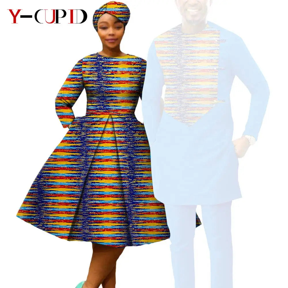 African Print Dresses for Women with Headwrap Matching Couple Outfits Dashiki Men Long Sleeve Pathwork Top and Pant Sets Y23C004