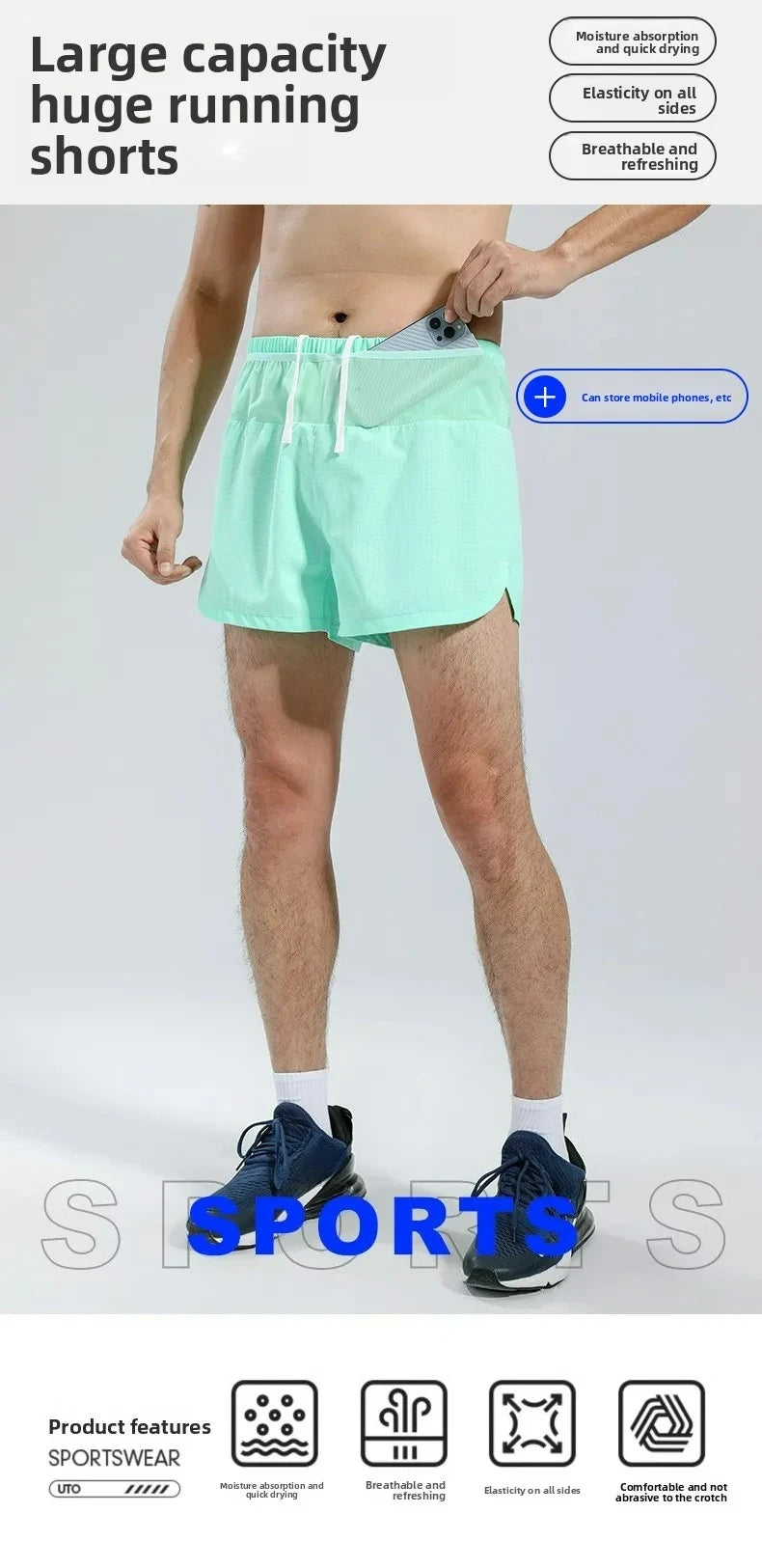 Men's Sports Shorts Quick Drying Fitness Professional Marathon Training Double-layer Three-quarters Running Shorts