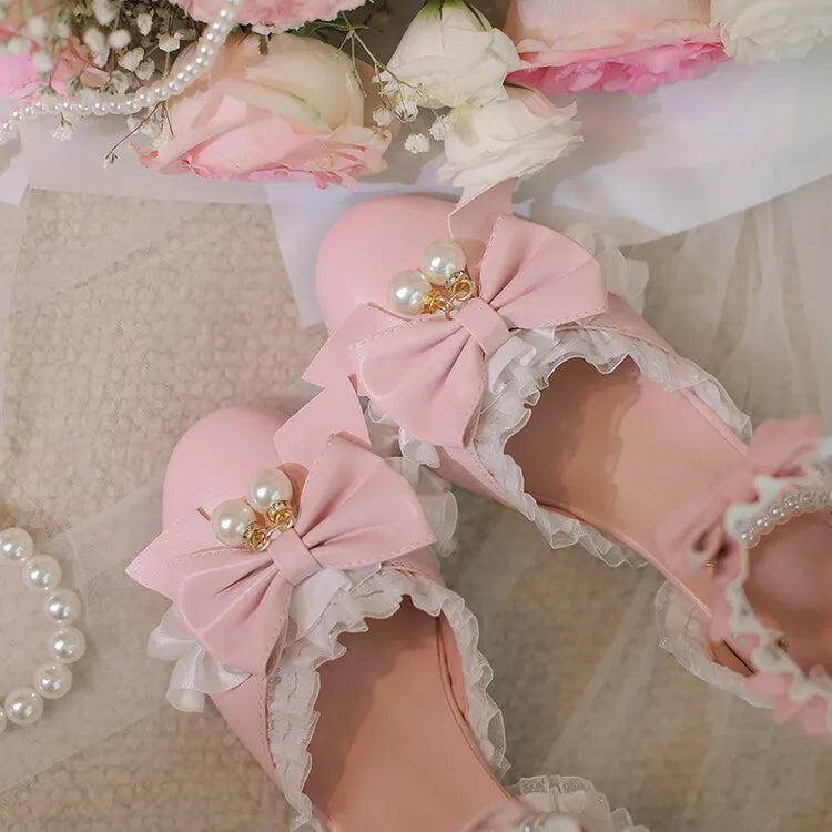 Ochanmeb Sweet Kawaii Girls Lolita Shoes Thick High Heels Cosplay Pumps Bow Knot Pearls Chain Ruffles Lovely Wedding Party Pumps