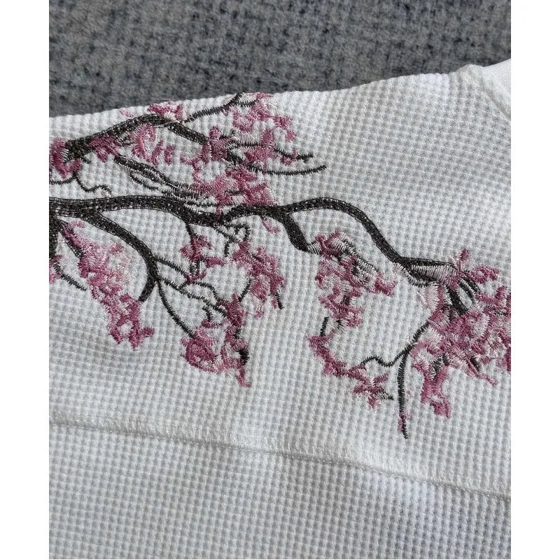 Deeptown White Cherry Blossom Embroidery Man Women T-Shirts Long Sleeve Oversized Waffle Tees Basic Harajuku Casual Streetwear