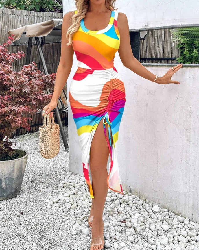 Women's Sexy Hot Girl Style Drawstring Split Slim Vest Dress Summer Fashion Mid-waist Sleeveless Suspender U-neck Dresses