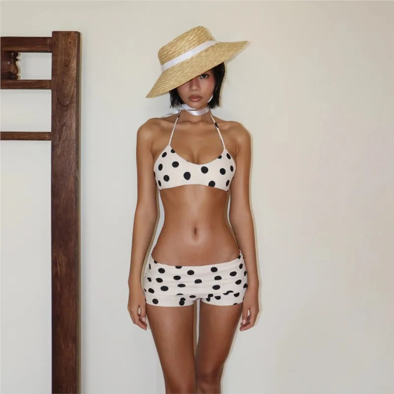 Women 2 Piece Bikini Set  Y2k Neck-wearing Bikini Sexy Polka Dot Spice Girls Shorts Beachwear Summer Holiday Low Waist Shorts