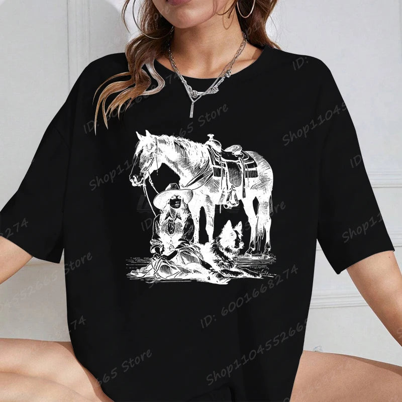 Cowgirls Horse Dog Print T-shirts For Women Summer Short Sleeve Round Collar Tee Shirt Ladies Retro Overszied Tees Tops