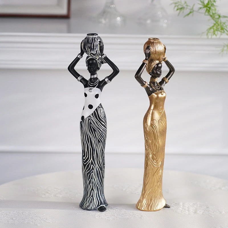 African Woman Statues Resin Tribal Lady Figurines Black Gold Home Decor Ethnic Ornaments for Living Room