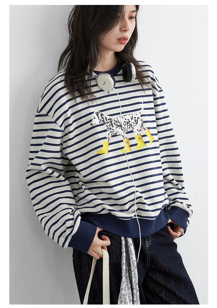 CHIC VEN New Women T-Shirts Loose Casual Round Neck Striped Dog Print Long Sleeved Female Tees Pullover Autumn Winter 2025