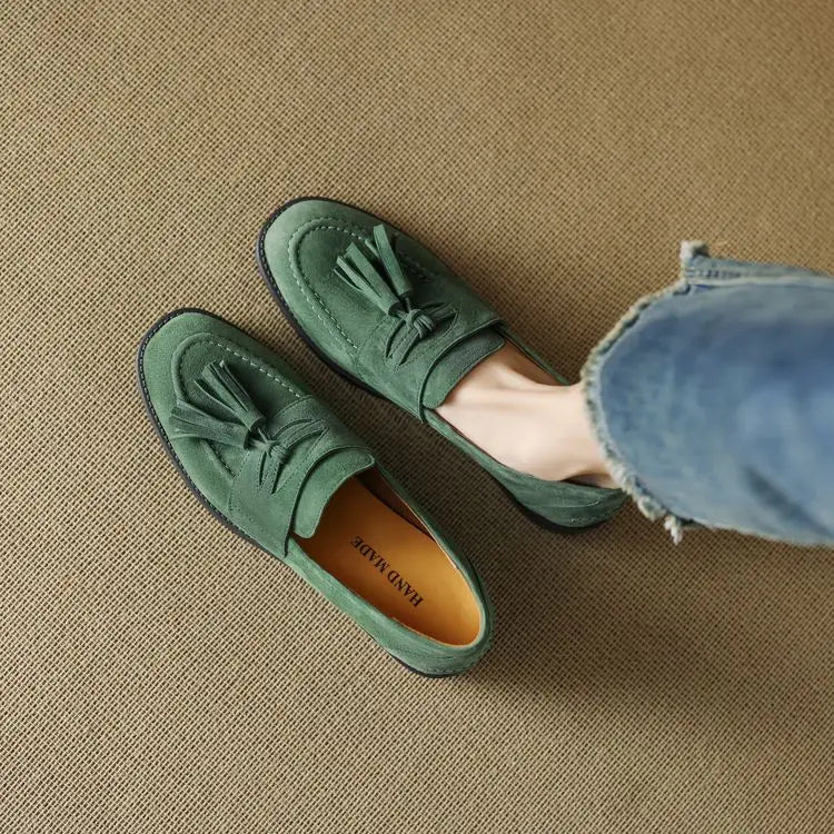 Women's loafers leather shoes Spring New Products Genuine leather sheepskin Nubuck Leather Black/Green/Orange Tassel decoration
