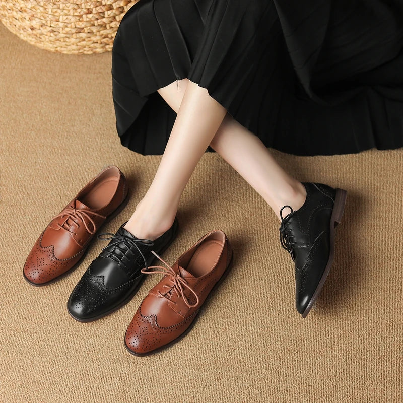 Women's New Round Head Burnt Flower Inner and Outer Leather Cowhide Lace up Large Low Heel Block Oxford Shoes