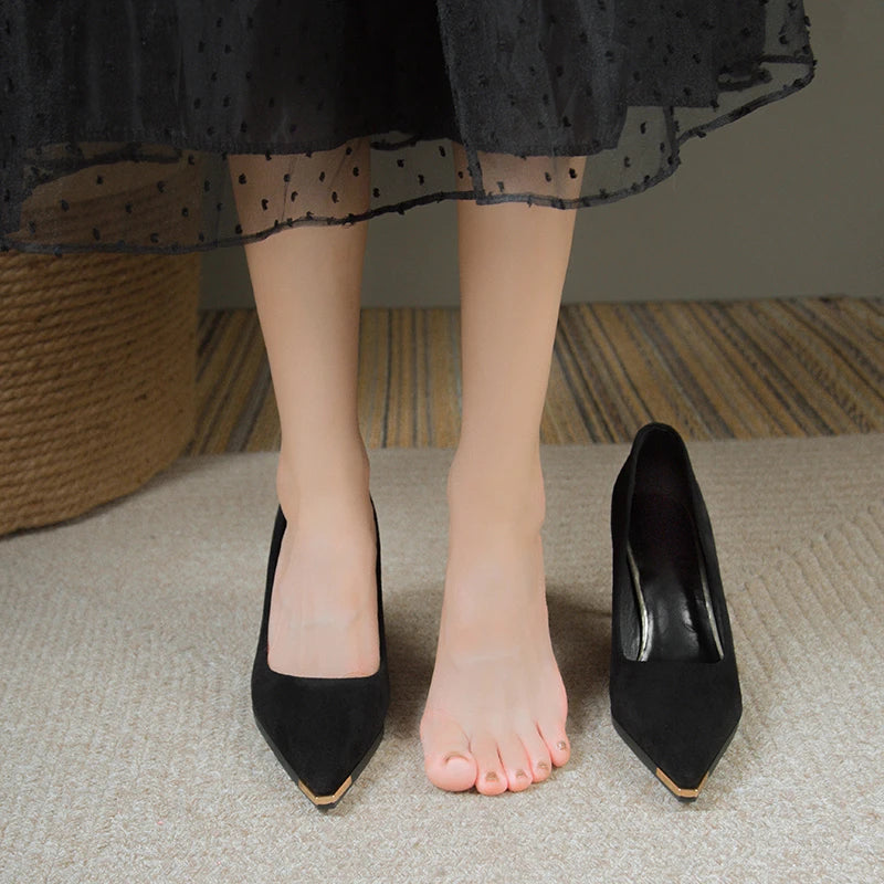 NEW Women's Style Banquet Fashion Light Luxury 6 8cm High Heels Pumps Stiletto Metal Pointed Suede Single Fashion Casual comfort