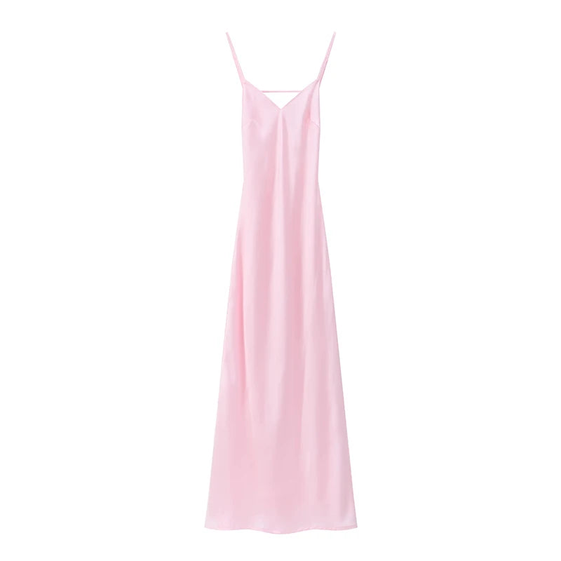 Elegant Satin Pink Women's Long Dresses Fashion Sleeveless Backless Slim Fit Hem Midi Dress Summer Female Holiday Robes 2026