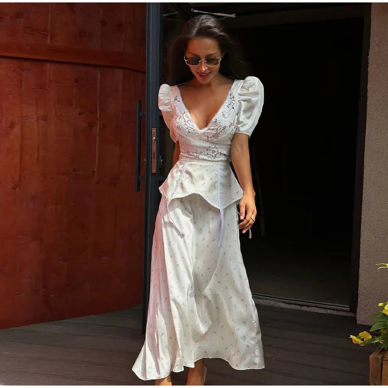 Lace Trim Satin Peplum Midi Dress Deep V-Neck Puff Sleeve A-Line 2026 Spring Summer Chic Elegant Romantic Women Cocktail Dress