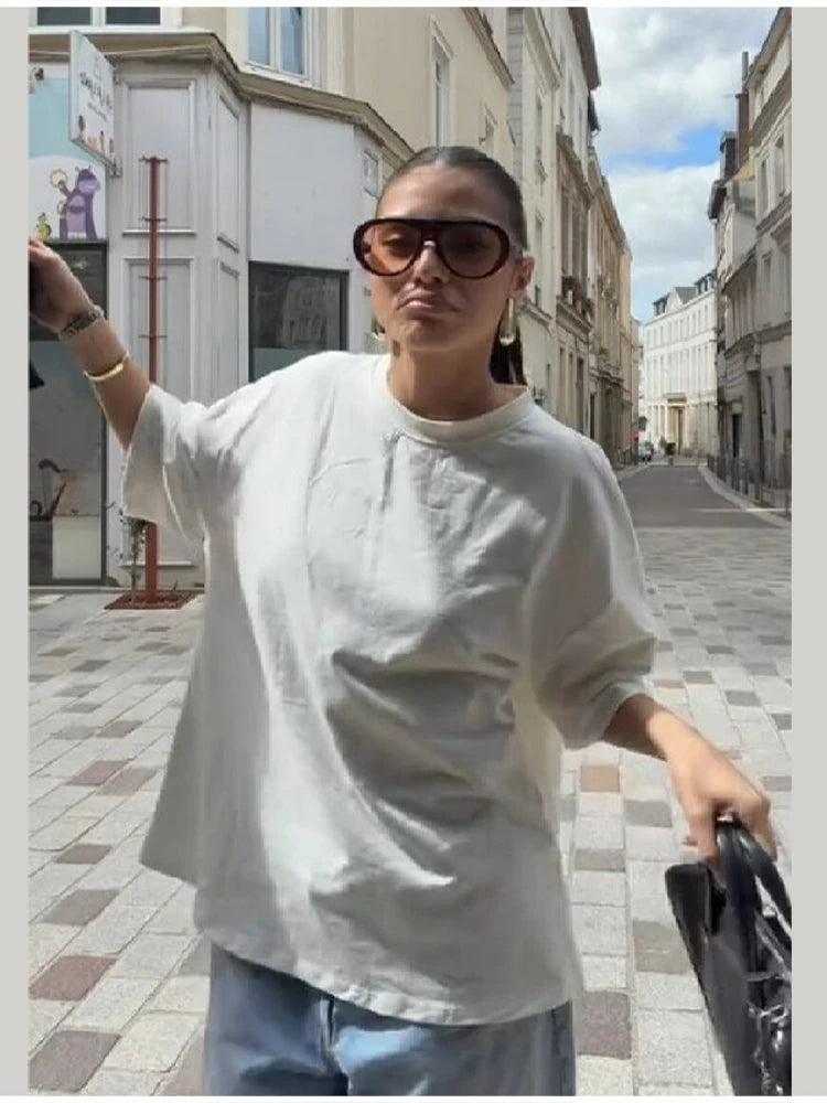 Y2k Style White Oversized T Shirt Women Fashion Backless Heart Cutout Red Trim Half Sleeve Tops Summer Casual Streetwear Outfits
