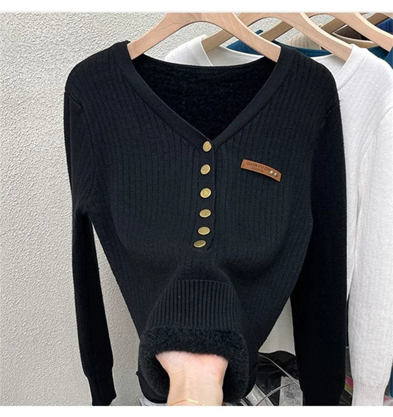 2024 Thicken Velvet V-neck Sweater Women Korean Fashion Lined Warm Sueter Knitted Pullover Slim Top Winter Jersey Knitwear Jumpe