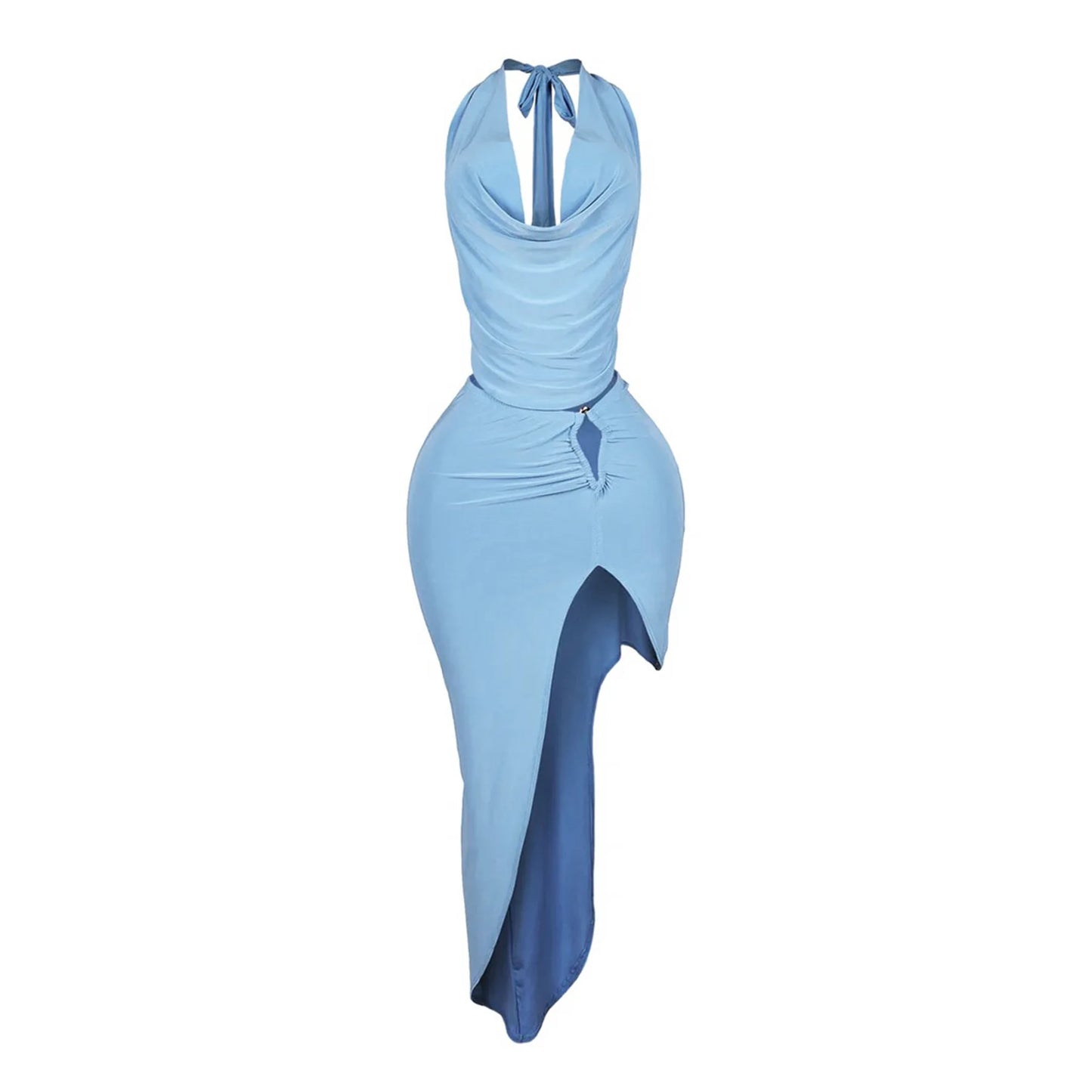 CM.YAYA Women's Set Halter Neck Backless Crop Top High Side Split Slim Maxi Skirts Suit 2025 Beach Sexy Two 2 Piece Sets Outfits