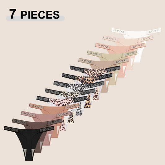 7Pcs/Set Printed Leopard Crystal Letter Thongs For Women Fashion Low Waist Soft Breathable Underpants Female Traceless G-string