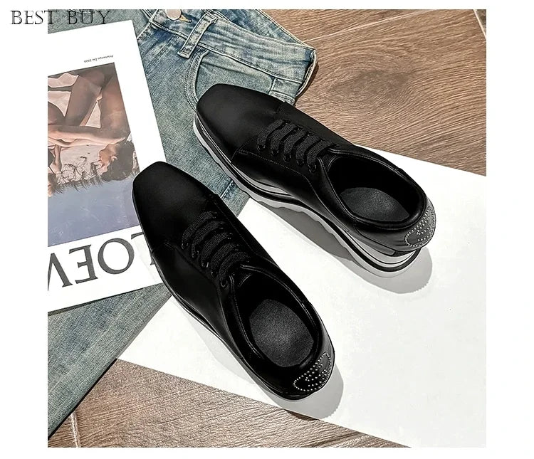 New beige Women Platform Casual Shoes 2024 Spring Black Casual Chunky Sneakers Women Real Leather White Height Increasing Shoes