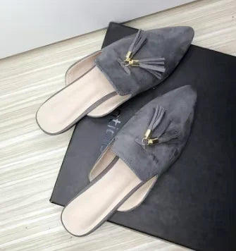 Women Metal Fringe Slippers Flock Shoes Front Closed Toe Khaki Purple Slide For Small And Wide Feet 44-33 22cm Comfortable Tacon