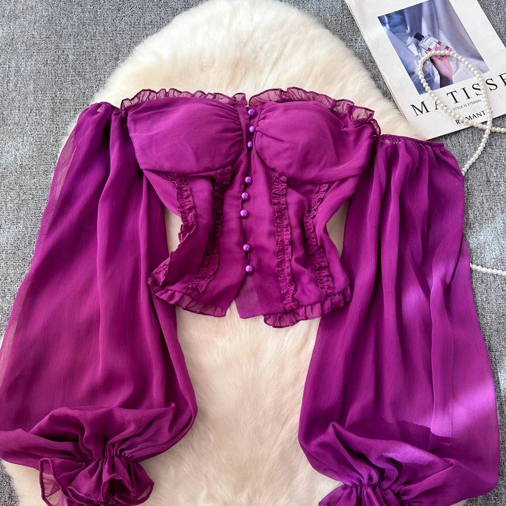 Chiffon Blouse for Women Slash Neck Off Shoulder Solid Color Camisas Ruffles Folds Backless Summer Blusas De Mujer Chic Dropship