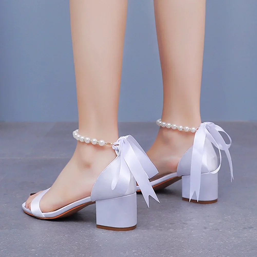 String Bead Sandals for Women Summer Peep Toe Sandals Ladies Fashion Ribbon Bow Thick High Heels Sexy Wedges Wedding Shoes 35-43