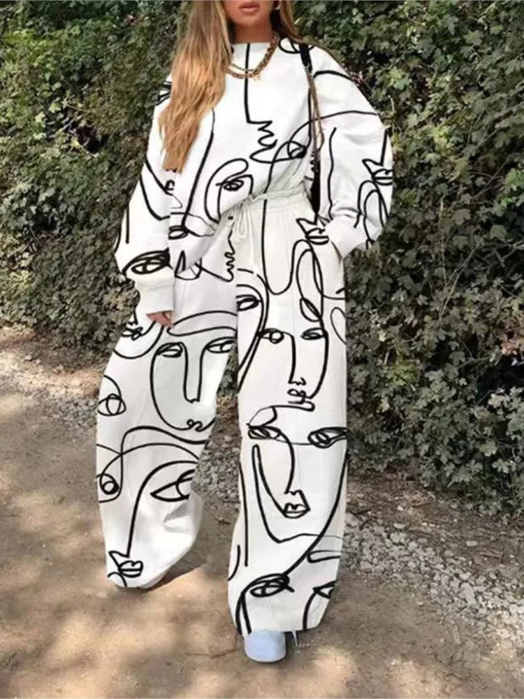 Fashion Print Oversized Tracksuit Suit Women Two Piece Pants Sets Casual Sweatshirt Trousers Streetwear 2 Piece Set Lady Outfit