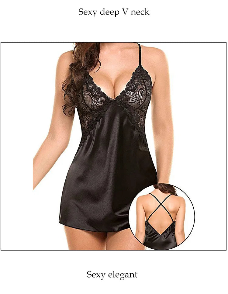 Women Sexy Silk Satin Night Dress Sleeveless Nighties V Neck Comfortable Silk Lingerie Female Lace Pajamas Sleepwear Nightwear