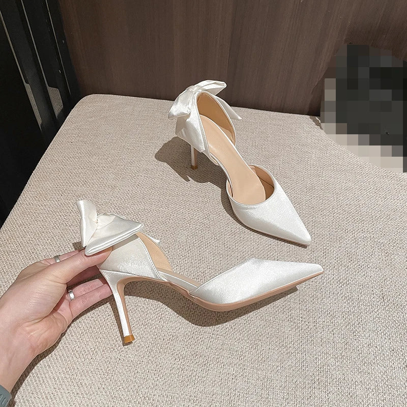 2022 New Solid Color Fashion Design Stiletto Bow Hollow Women's Wedding Shoes Women's Exquisite Shallow Mouth Satin High Heels