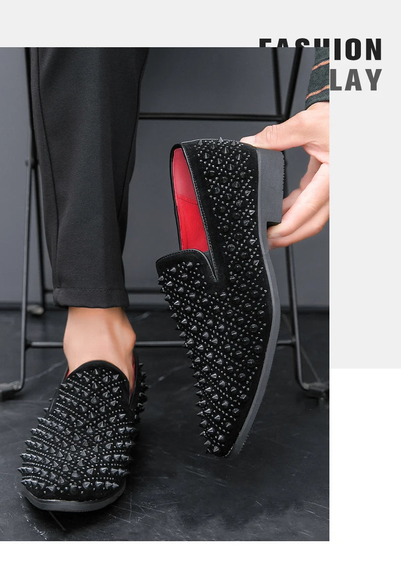 Men's Fashion Suede Leather Rivet Loafers Mens Casual Printed Moccasins Oxfords Wedding Shoes Man Party Driving Flats EU size 47