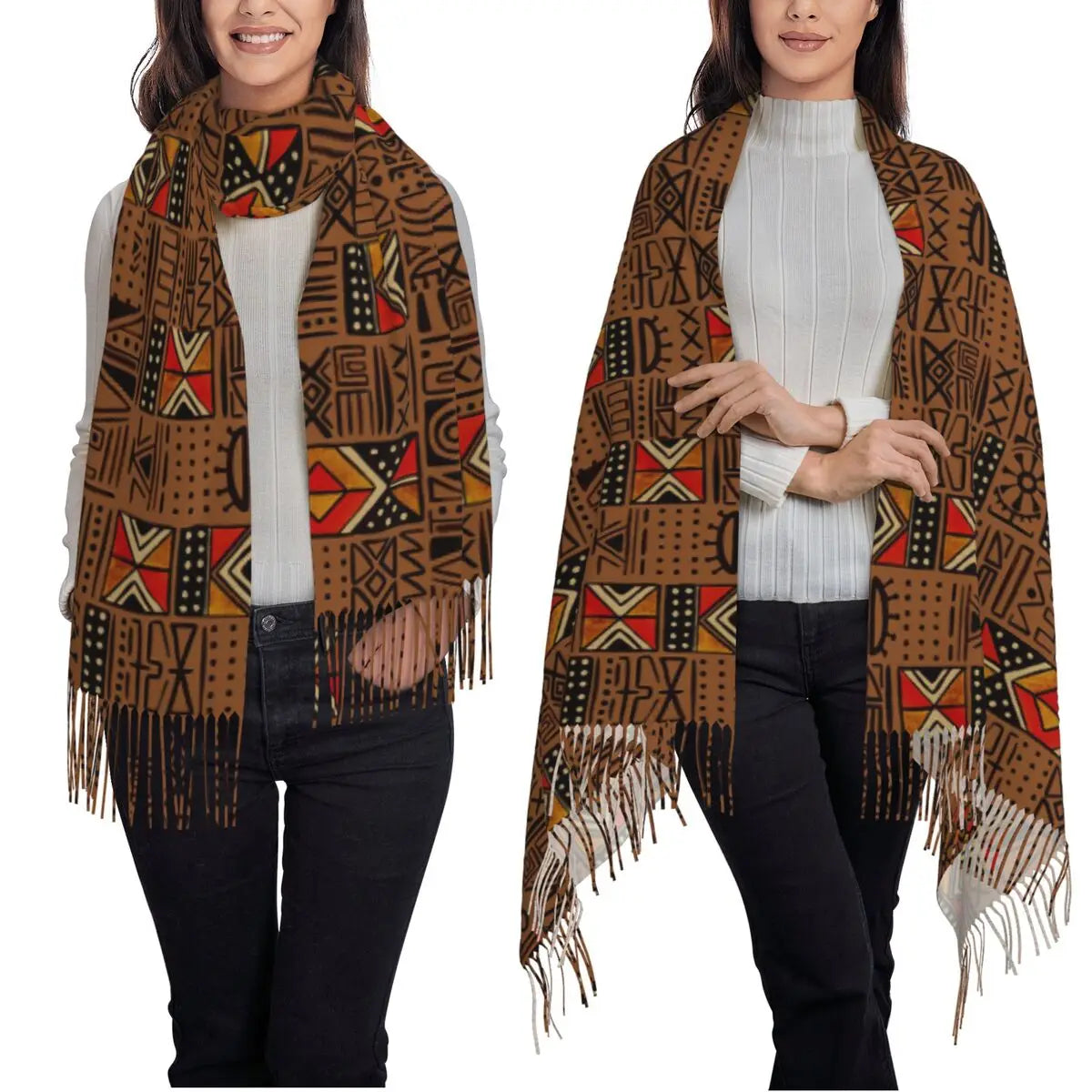 African Bogolan Africa Ethnic Tribal Art  Scarf Tassel Scarves Women Soft Warm Shawls and Wraps Large Fall Winter Shawl Wrap