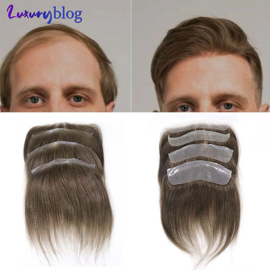 Mens Toupee V Loop Straight Frontal Hairline 100% Human Hair Forehead Toupee for Men Brown Natural Hairline Capillary Prosthesis
