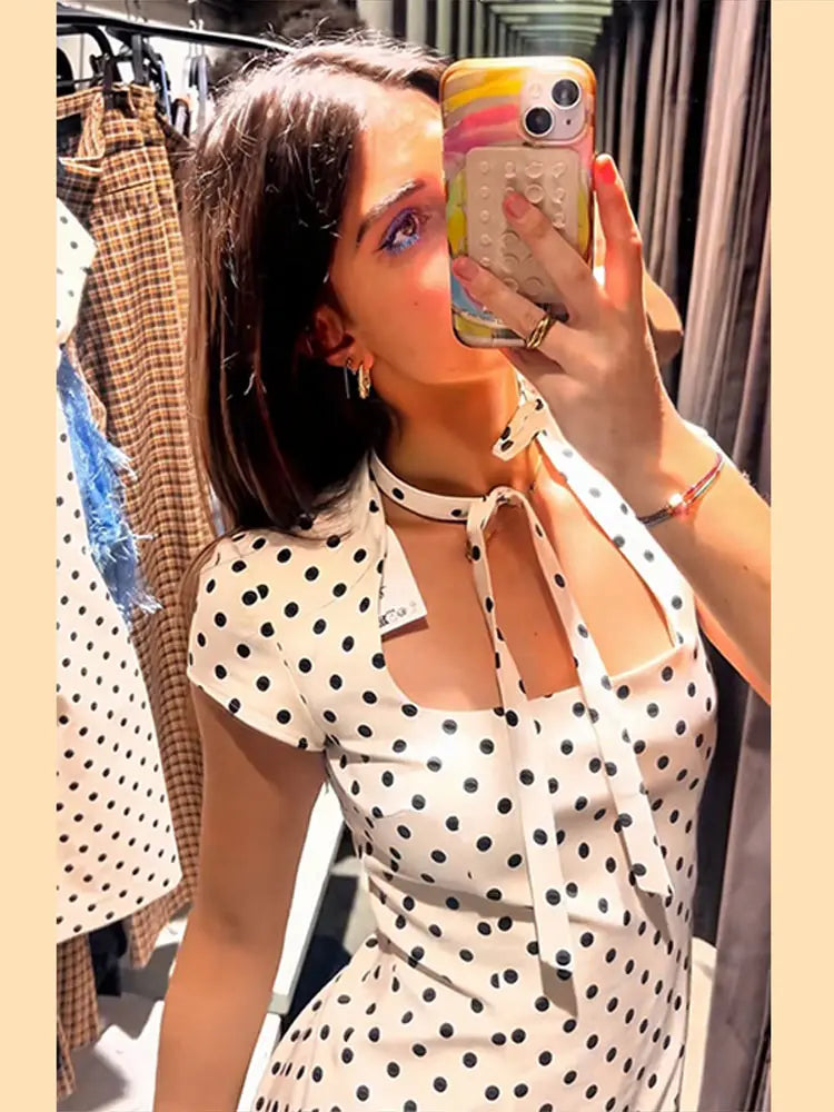 Fashion Polka Dot Mini Dress For Women 2026 Spring Summer Short Sleeve Lace Up Collar Party Dress Lady Bodycon Evening Vestidos
